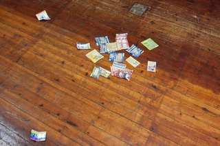 ___'Scratchcards'___, found scratchcards with silver leaf in erased areas, various sizes, 2015